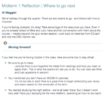screenshot of communication suggesting next steps for a student