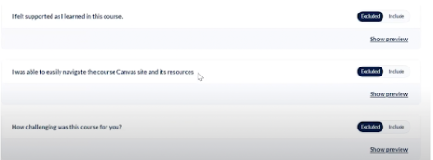 screenshot of several buttons for include and exclude