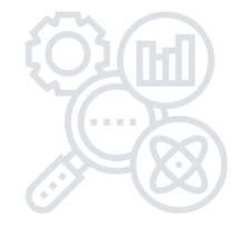 Image of magnifying glass surrounded by machine cog, graph, and atom.